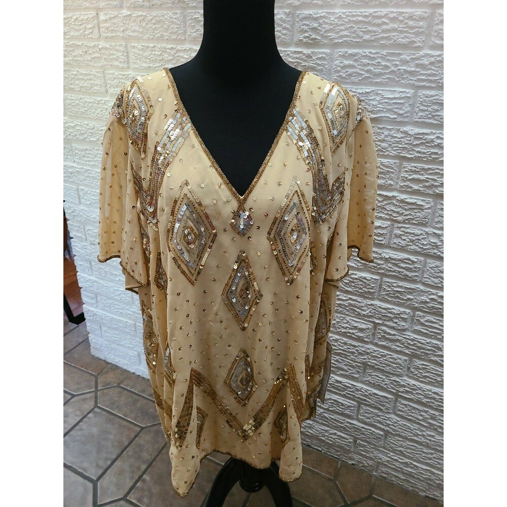Romans Gold Beads Sequins gold silver formal Wedding Party TOP sz 26w nwt